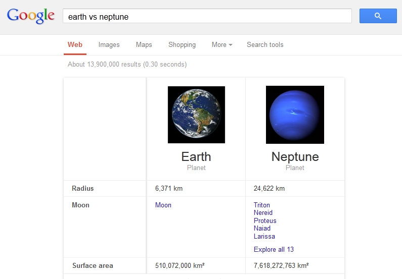 earth vs neptune on google