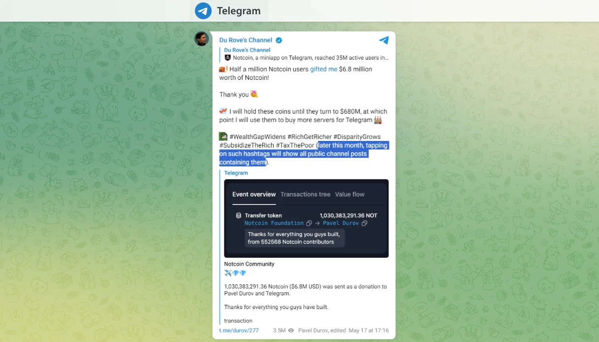 Hashtag di Telegram, l'annuncio di Pavel Durov