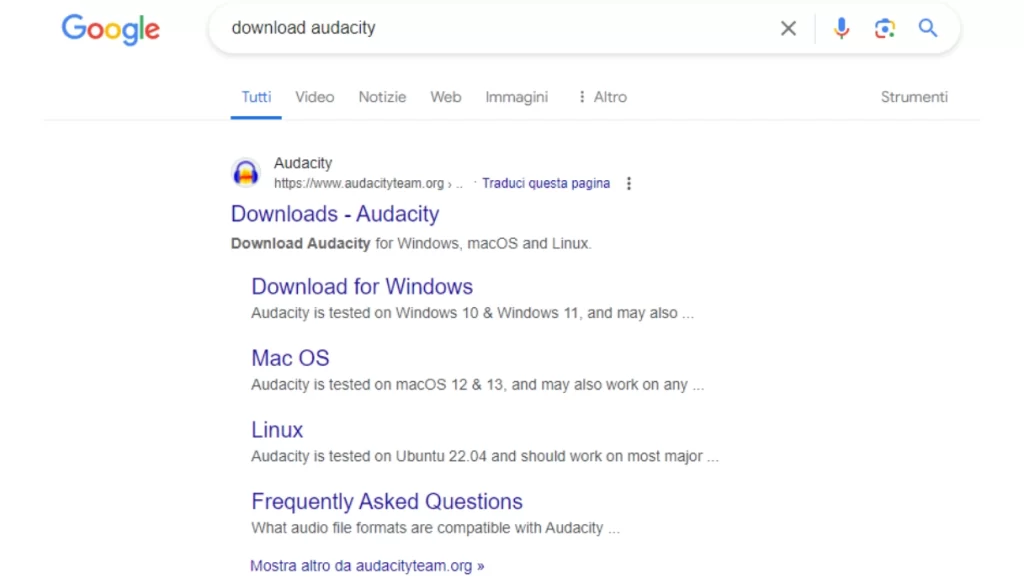 Snippet Google di download del software Audacity