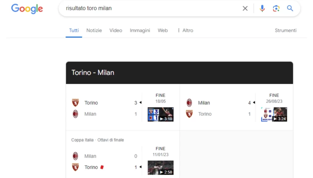 Snippet Google per una partita di calcio